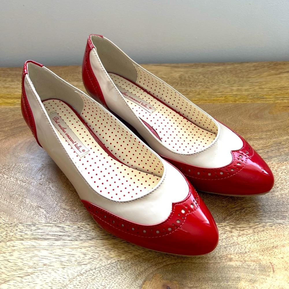 B.A.I.T. footwear red and cream low heel. Vegan “But another innocent tale…”